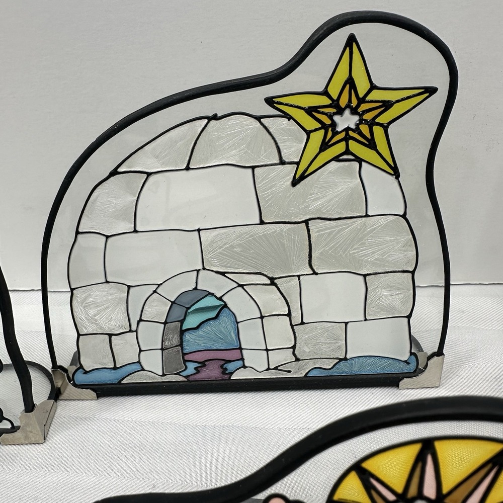 Arctic Circle Alaskan Stained Painted Glass 7 Pc Nativity Igloo Moose Seal Snow - Picture 8 of 13